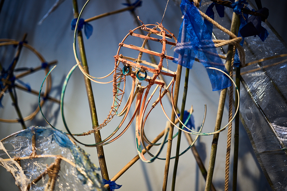 BAMBOO shaped into ship rigging with model of star fish